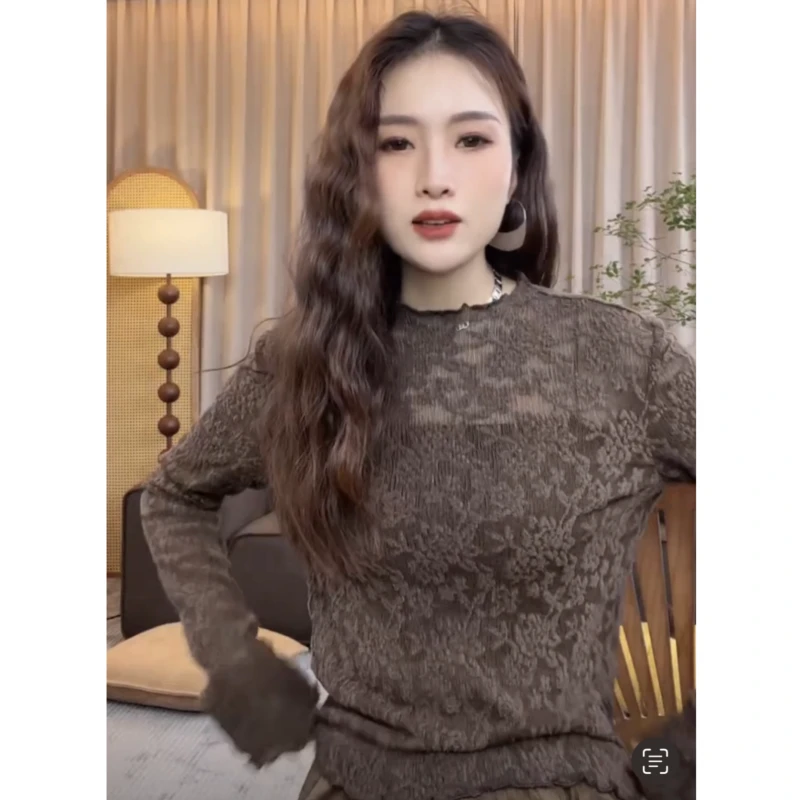 法式高级感镂空仙气蕾丝打底衫2025秋季新款大码胖MM洋气别致上衣