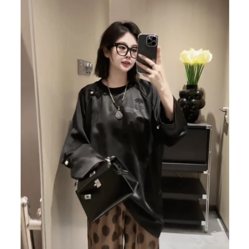 新中式醋酸印花圆领长袖女2025早秋新款大码胖MM宽松休闲别致上衣
