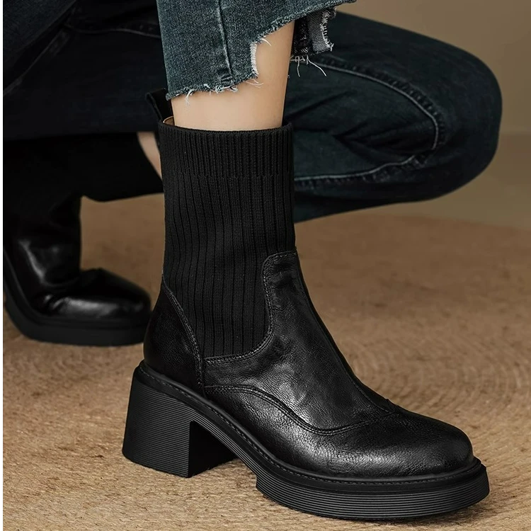 D&Dshoes真皮短靴女春秋单靴粗跟针织毛线筒弹力靴袜靴高跟瘦瘦靴