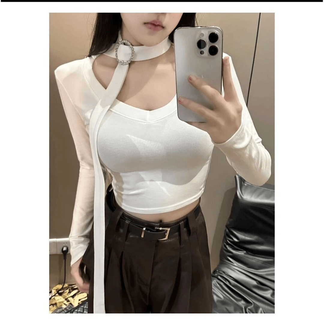 气质v领长袖T恤女春秋款设计感修身短款内搭打底衫挂脖飘带上衣