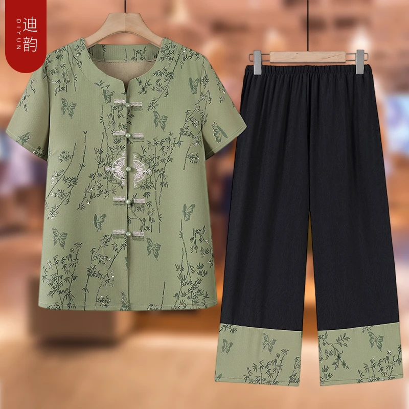 老太太夏装短袖套装奶奶中老年人女装开衫妈妈宽松两件套老人衣服