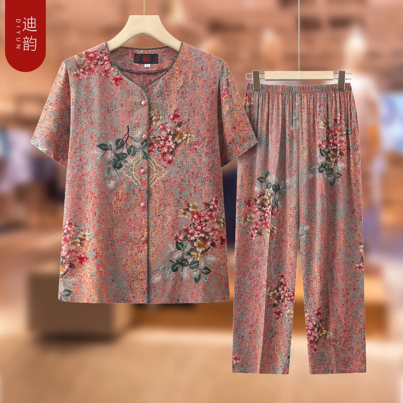 老年人夏装套装开衫薄款奶奶短袖T恤两件套女妈妈棉绸老太太衣服