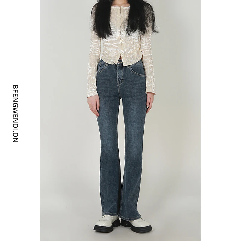 四季修身显瘦显高弹力喇叭腿短款牛仔长裤长袖高腰秋冬韩版显腿长