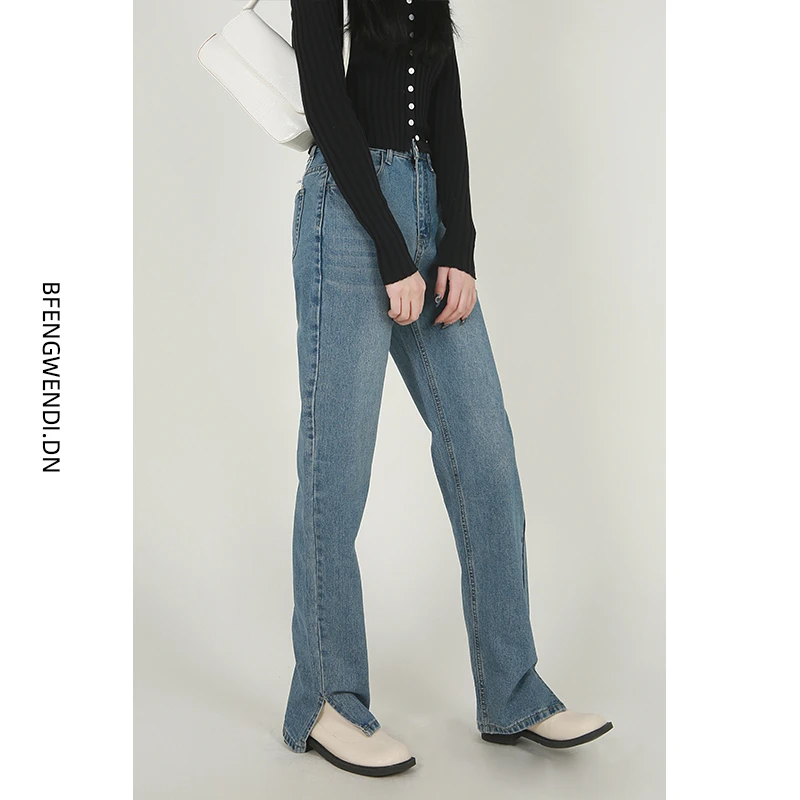 复古高腰直筒显瘦开叉微喇拖地牛仔裤 女 时尚设计感小众