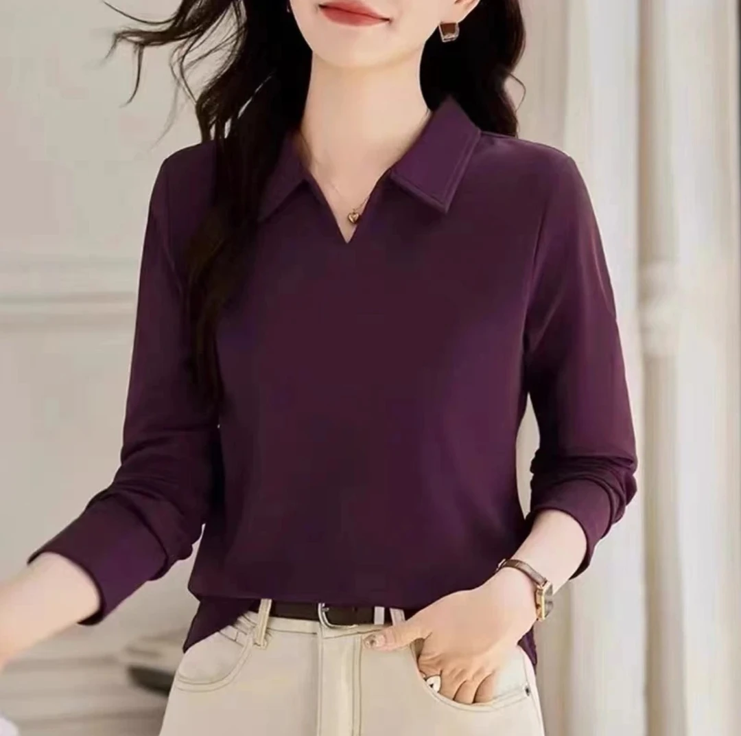 2024年秋季新款纯色长袖polo领时尚气质妈妈款洋气显瘦打底上衣