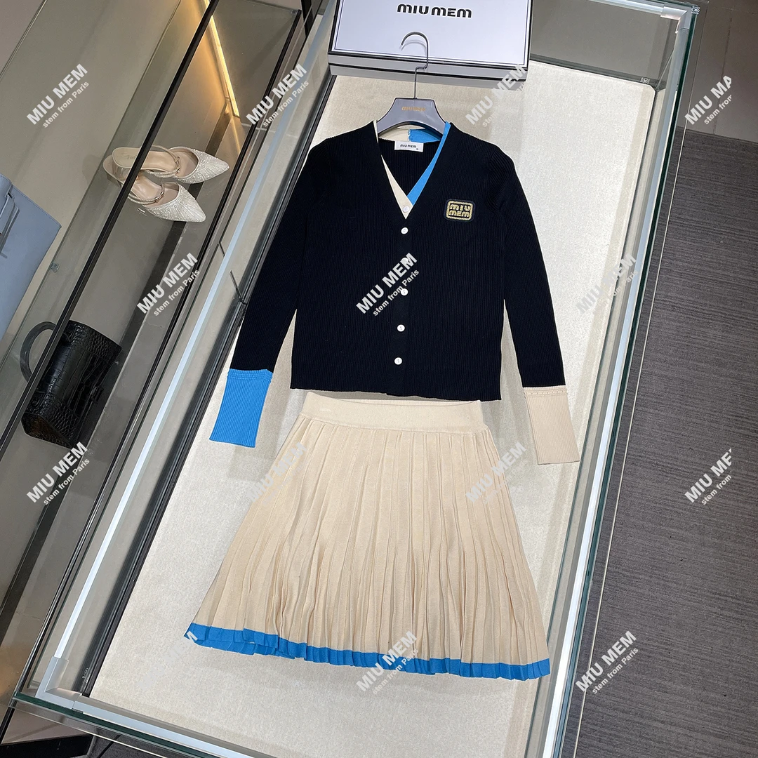 MIUMEM现货时髦甜酷拼色假两件针织开衫立体褶皱半裙套装DY5612