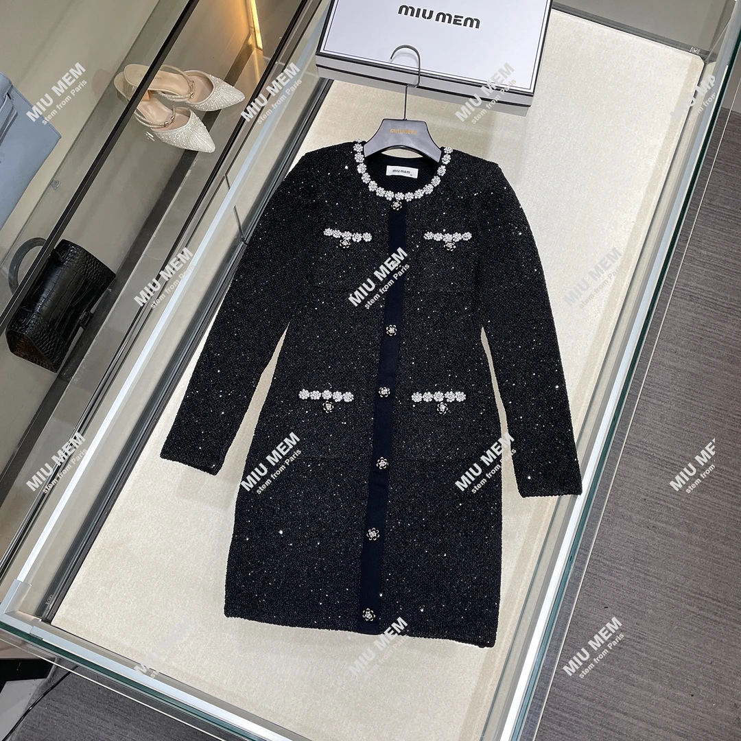 新MIUMEM女装秋冬季小香风镶钻亮片收腰修身针织连衣裙女DY5498