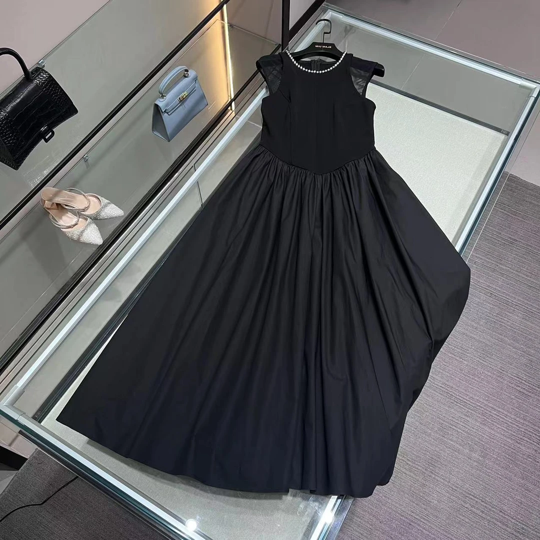 MIUMEM 现货名媛高级感黑色网纱拼接钉珠圆领收腰长连衣裙LA7215