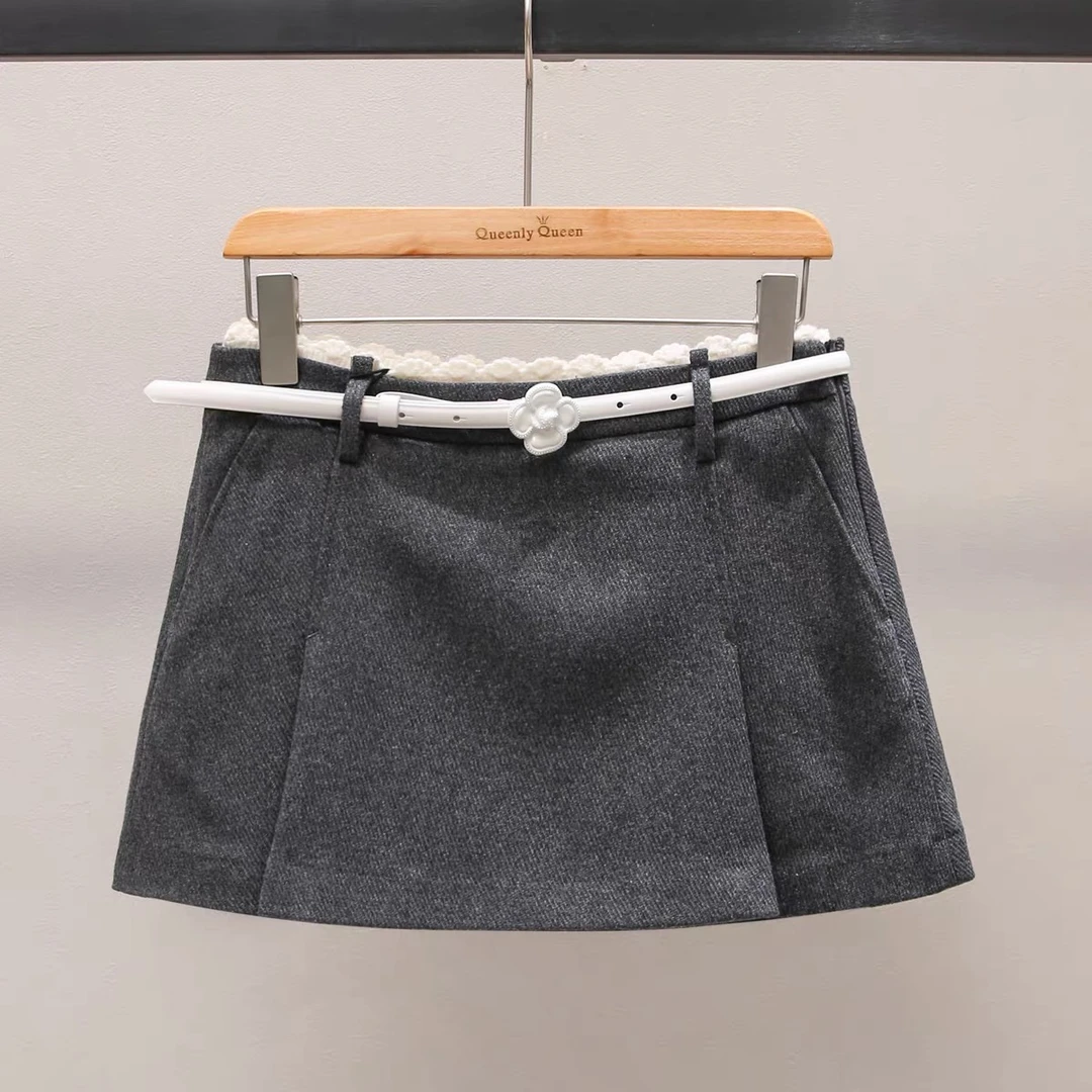 MIUMEM现货秋冬款格雷系拼接花边百搭短款A字半身裙短裙LA10043