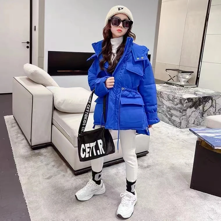 女童外套2023新款蓝色羽绒服时尚连帽收腰抽绳加厚中大童冬季短款