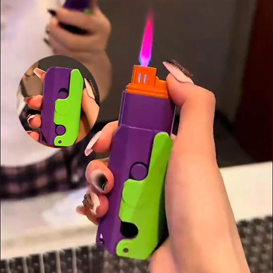 （玄二）萝卜刀打火机粉红色火焰可防风可伸缩折叠创意式