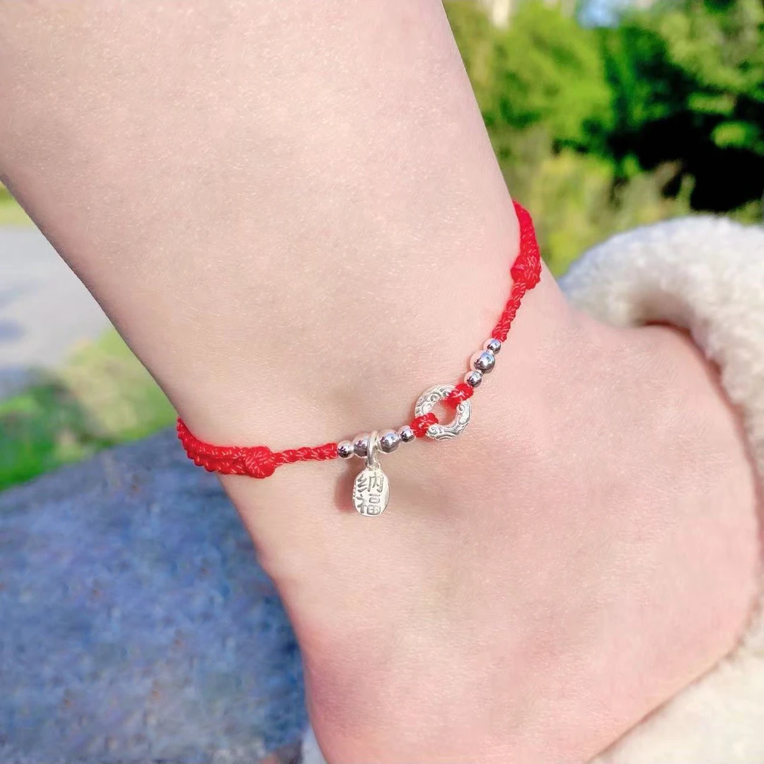 925银布艺脚链 S925纯银平安扣脚链女款简约百搭时尚气质轻奢脚绳