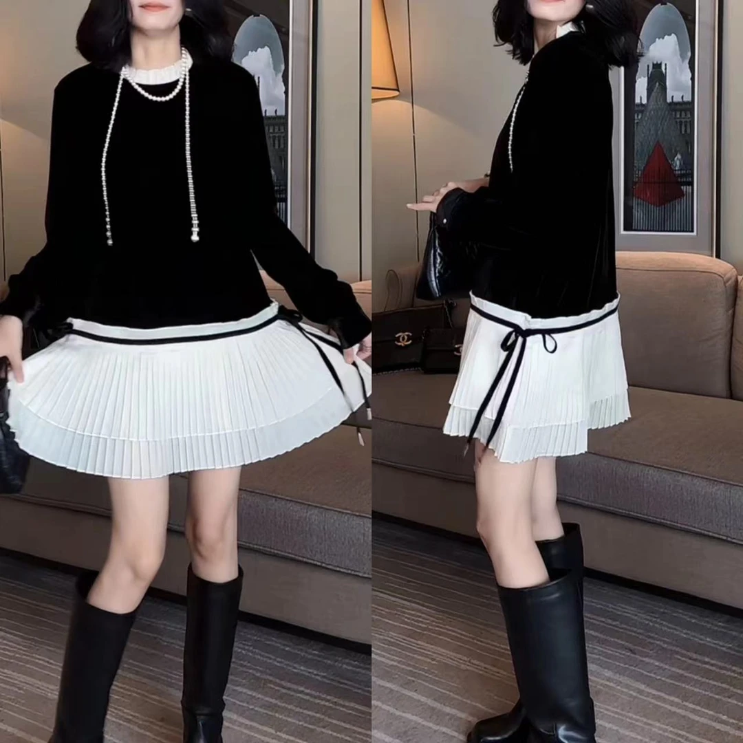 拼接显瘦气质百褶韩版连衣裙