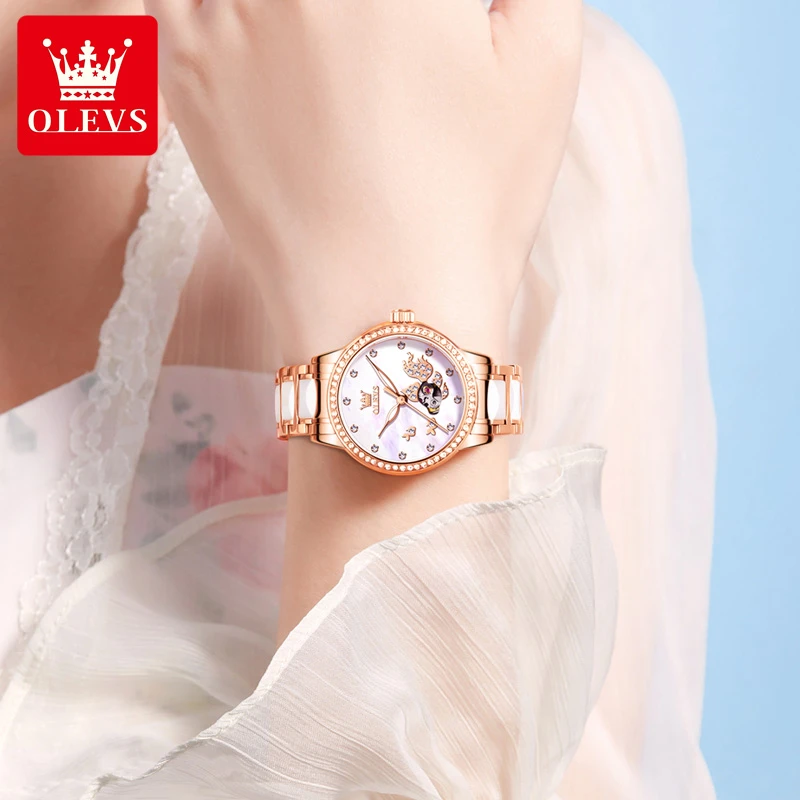 瑞士认证欧利时陶瓷镂空女士手表机械表全自动女表防水正品女款