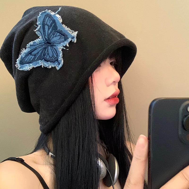 复古蝴蝶堆堆帽女薄款大头围包头冷帽显脸小宽松黑色帽子2025新款