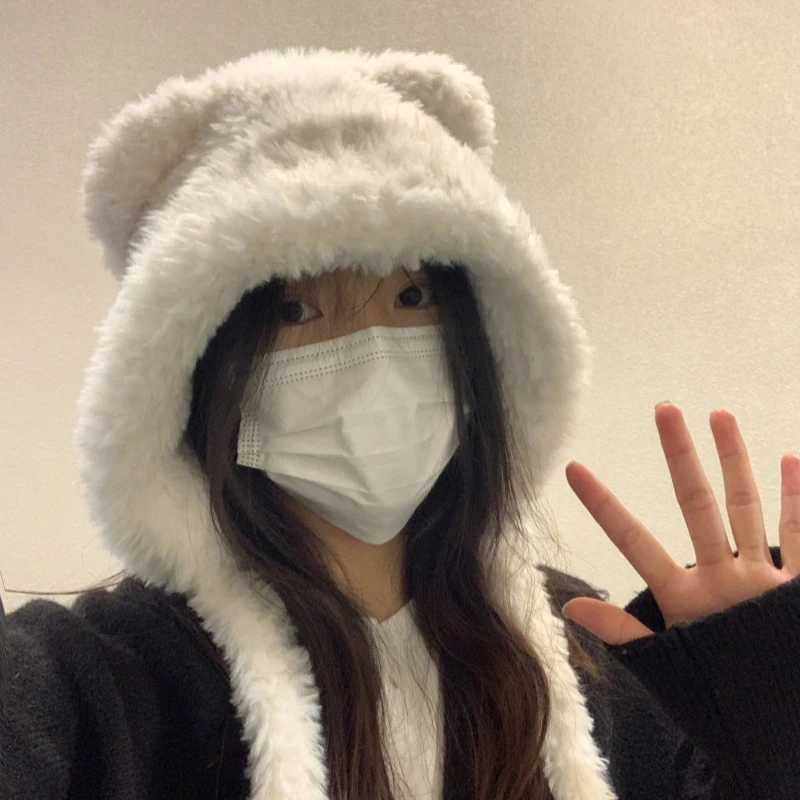 可爱小熊耳朵毛毛帽子女款冬显脸小大头围保暖毛线帽毛绒帽雷锋帽