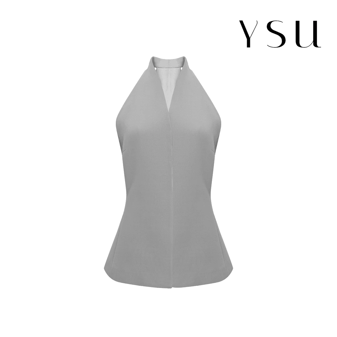 YSU【余书】欧美气质收腰显瘦单排暗扣设计款挂脖无袖上衣Y330165