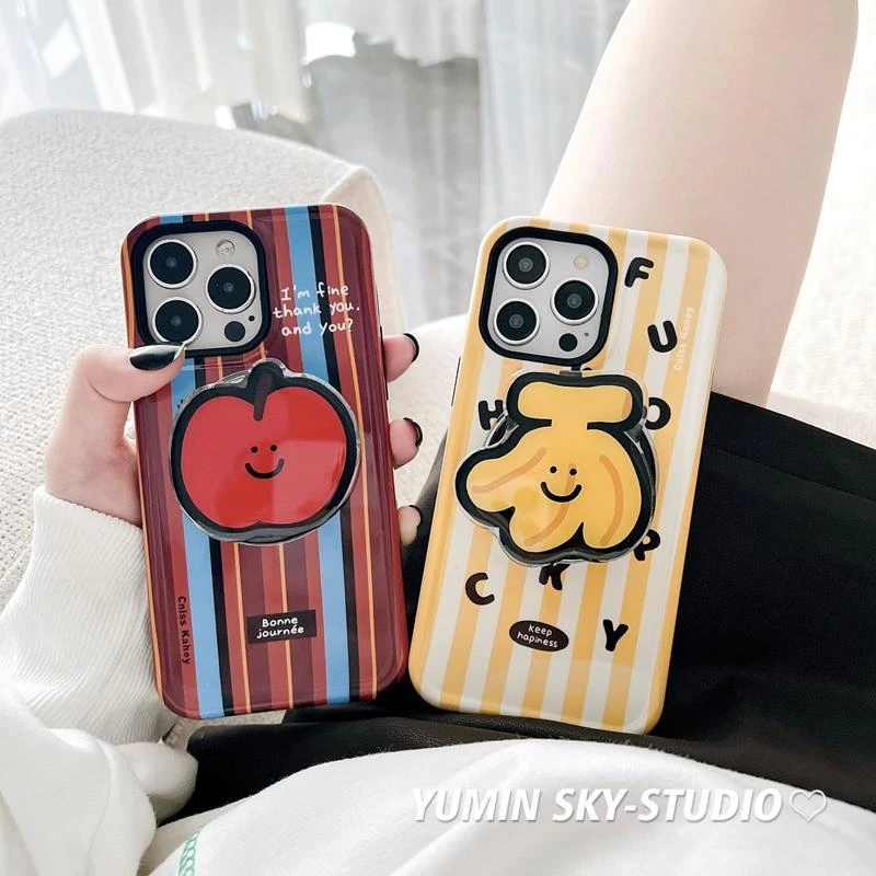 适用苹果15手机壳iPhone14Pro条纹苹果香蕉支架ins新款13女款防摔