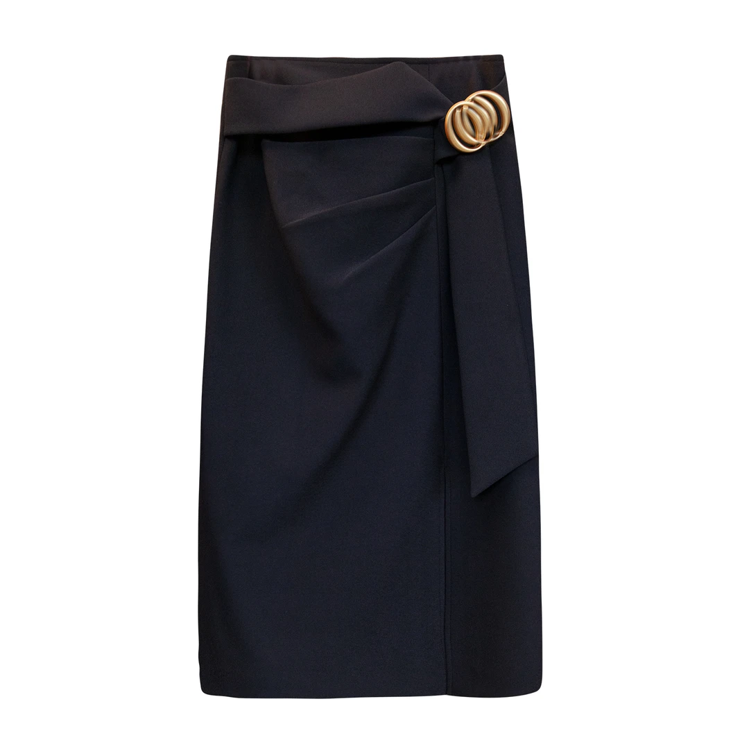 【六丑】新款百搭时尚高级感金扣徽章毛呢半身裙309ATZ0044