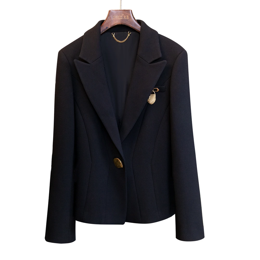 【六丑】新款百搭时尚高级感金扣徽章毛呢外套309ATZ0044