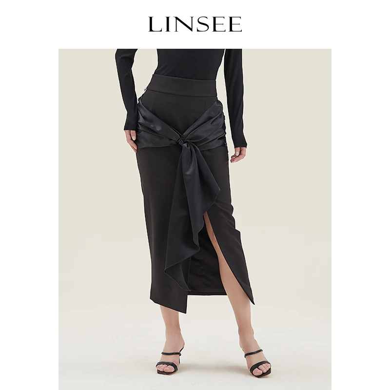 LINSEE/麟瑄高腰女装不规则半身裙黑色开叉显瘦半身裙AQ22D297A
