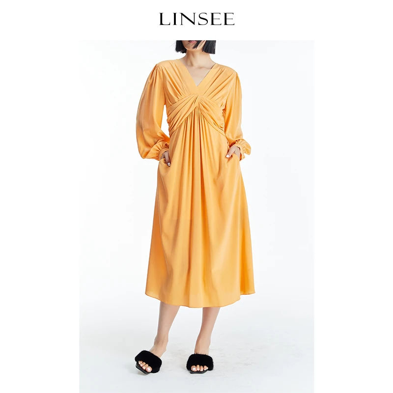 LINSEE/麟瑄法式真丝泡泡袖收腰长裙V领长款气质连衣裙ALY22138A