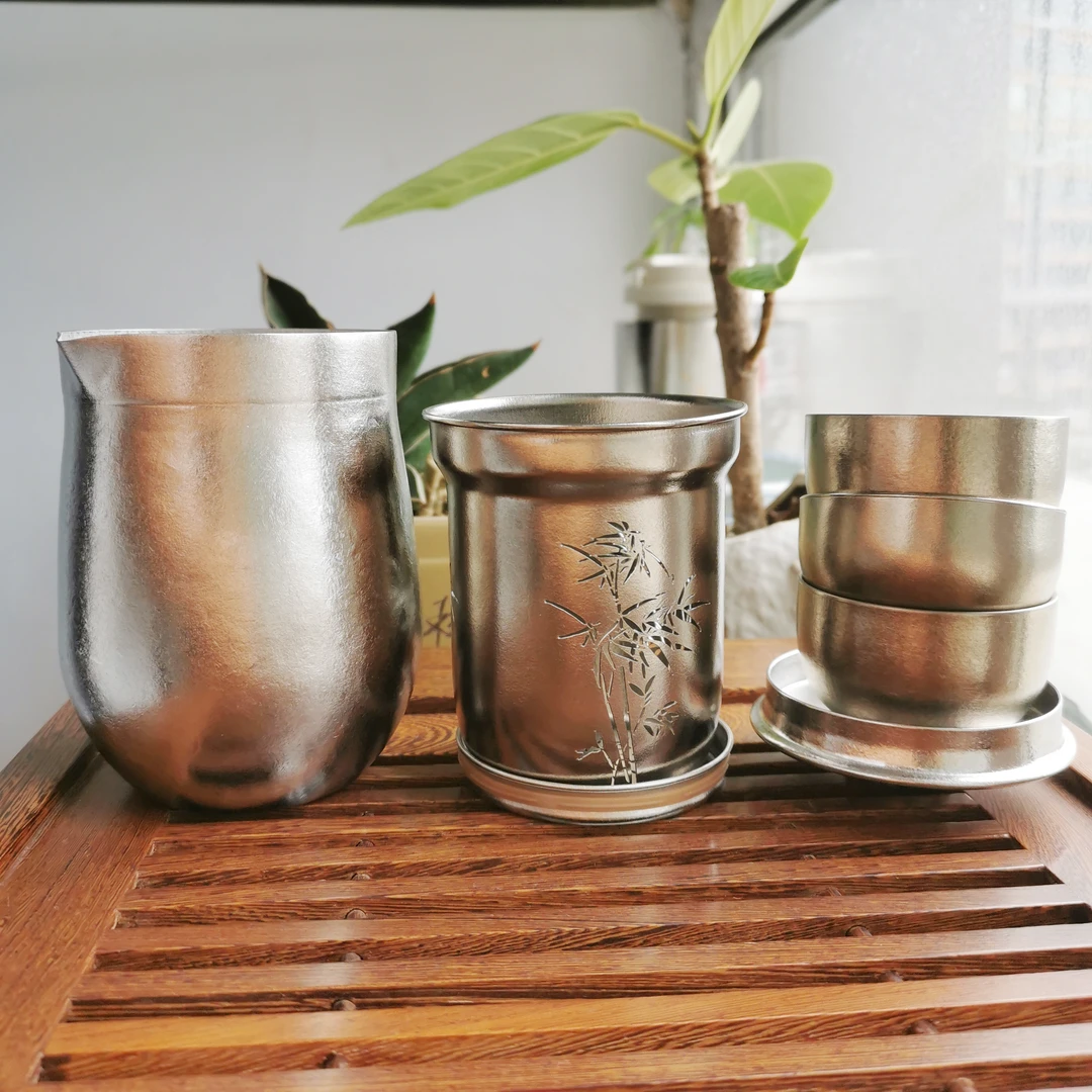 纯钛高端镂空竹雕旅行茶具套装便携泡茶器350ML双层抽真空新款