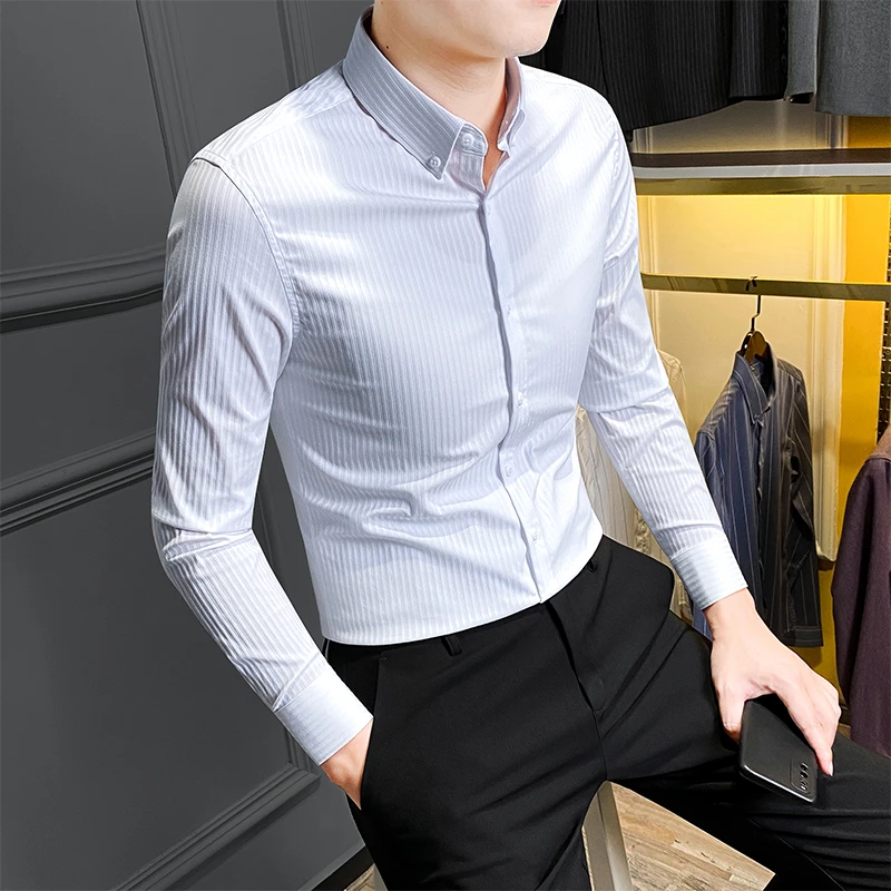 法薇琳长袖衬衫男士爆款2025新款春季高档英伦休闲商务修身衬衫男
