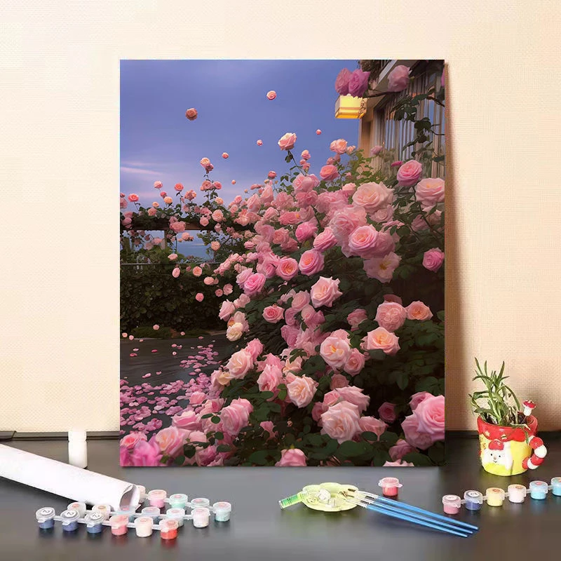 玫瑰花数字油画diy手工填色高级感装饰画成人减压涂色风景油彩画