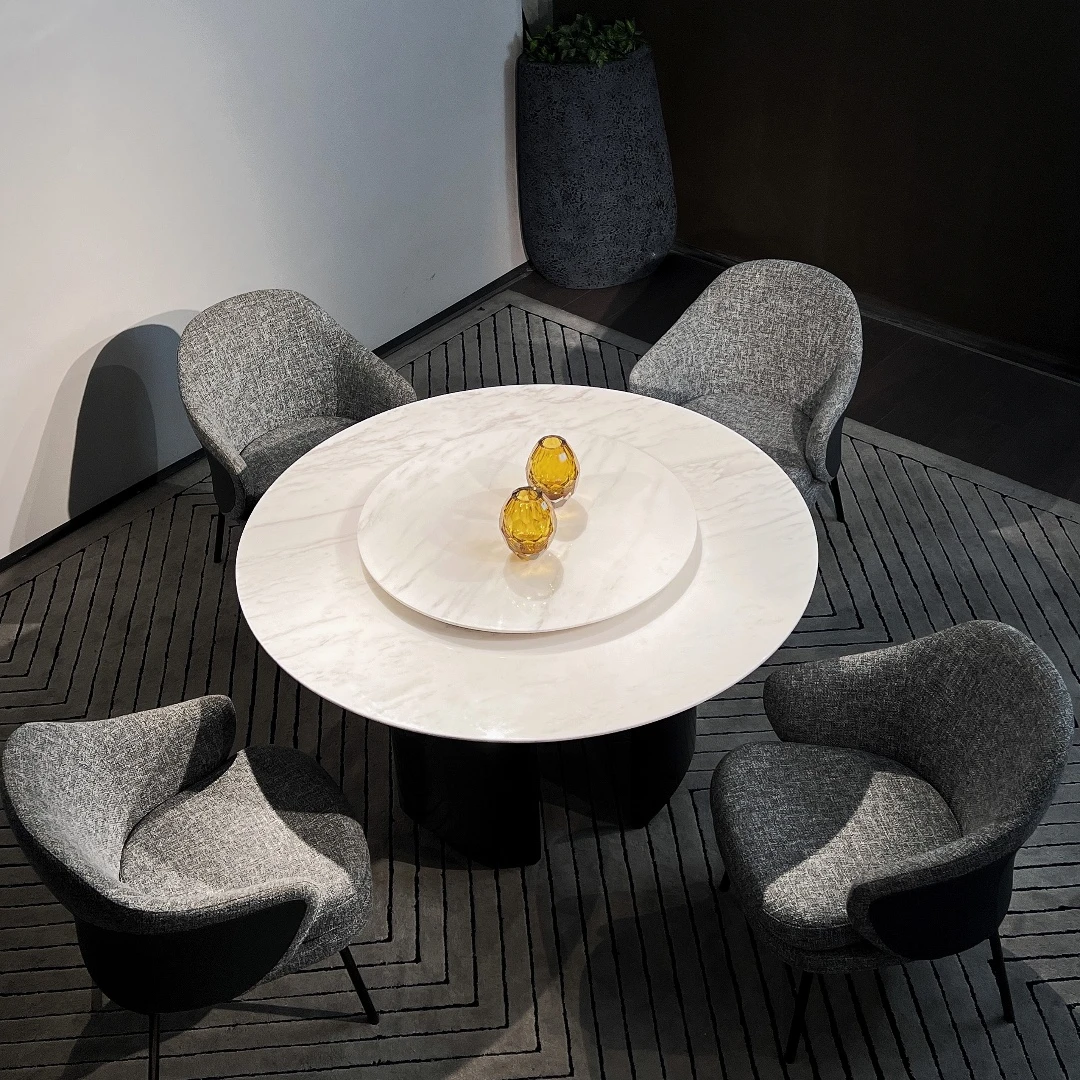 【黛分迪】爵士白圆餐桌天然大理石圆餐桌意式简约家用圆餐台