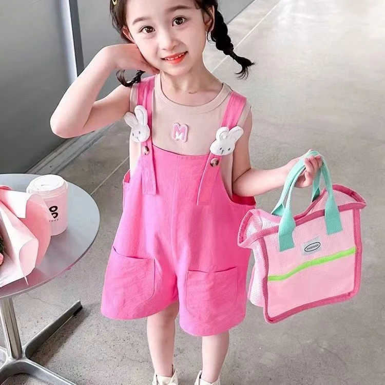 【沫沫家】女童夏装小童卡通潮范背带两件套装宽肩无袖背心背带裤