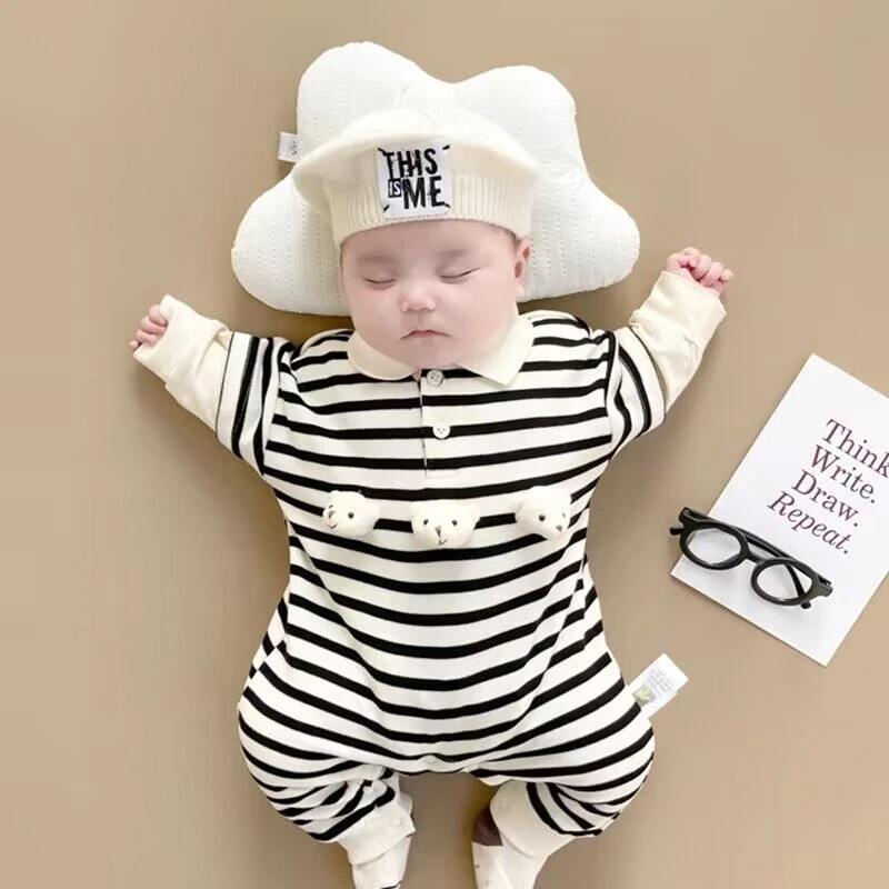 【沫沫家】男女宝宝春秋洋气韩版纯棉卡通婴童超萌哈衣条纹连体衣