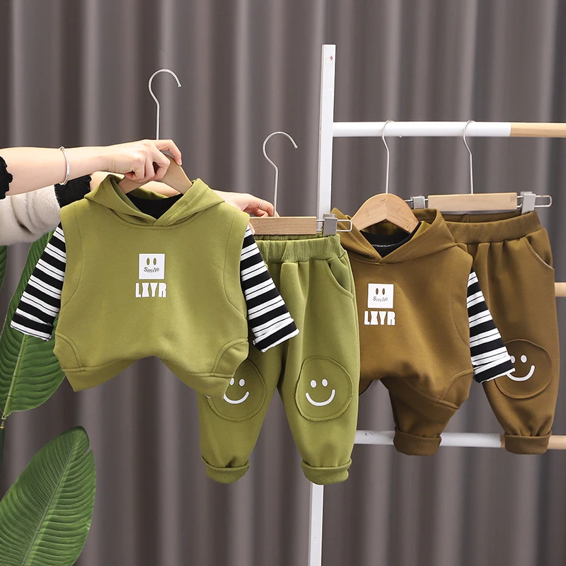 【沫沫家】宝宝春装洋气新款男女童装条纹笑脸背心韩版长袖三件套装