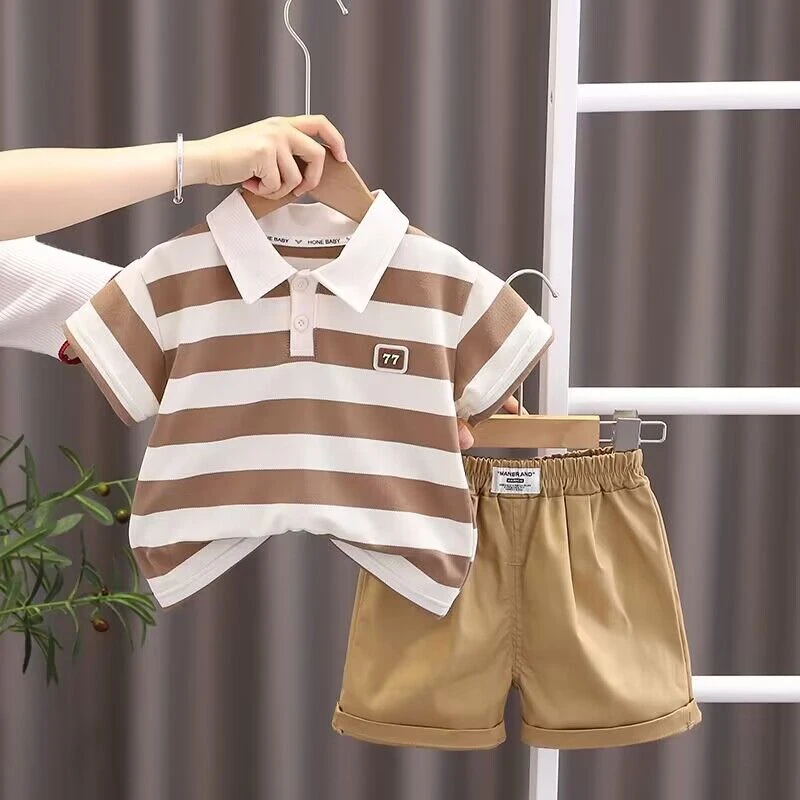 【沫沫家】儿童套装男女童洋气夏季夏装条纹短袖韩版休闲短袖两件套