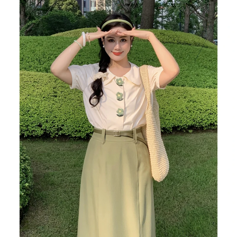 DM18053【莫奈玫瑰2.0】娃娃领减龄配同色系皮带显瘦百搭套装