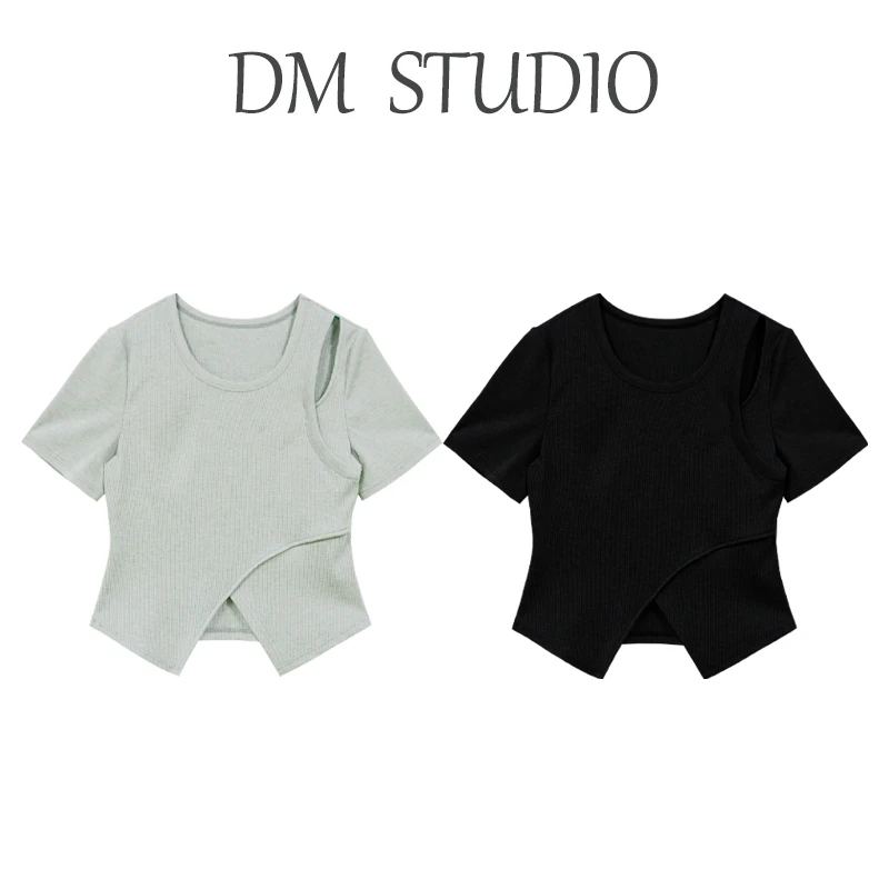 DM20380【松弛主义】夏季圆领弹力显瘦简约漏肩设计短款上衣