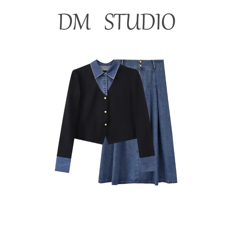 DM16273【茉莉白雪】撞色假两件上衣A字廓形遮胯显瘦精致套装