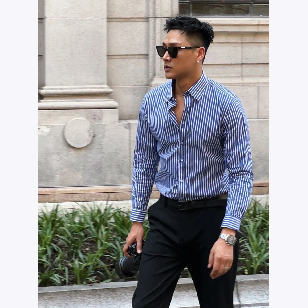 宋春江同款 条纹修身衬衫痞帅英伦风绅士休闲长袖衬衣蓝色男上衣