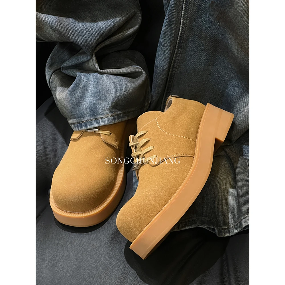 宋春江同款 夏季新品复古米奇增高德比鞋低帮大头黄靴反绒皮鞋子