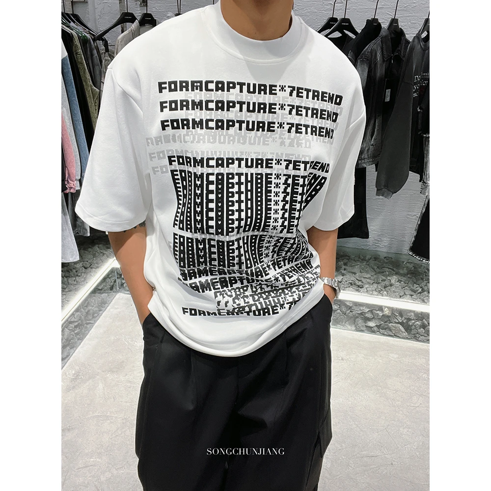 宋春江同款 夏季涂鸦字母设计320克重磅短袖圆领宽松潮高街T恤