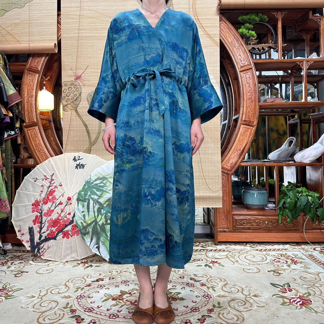 60姆米重缎千里江山香云纱袍子100桑蚕丝香云纱中式