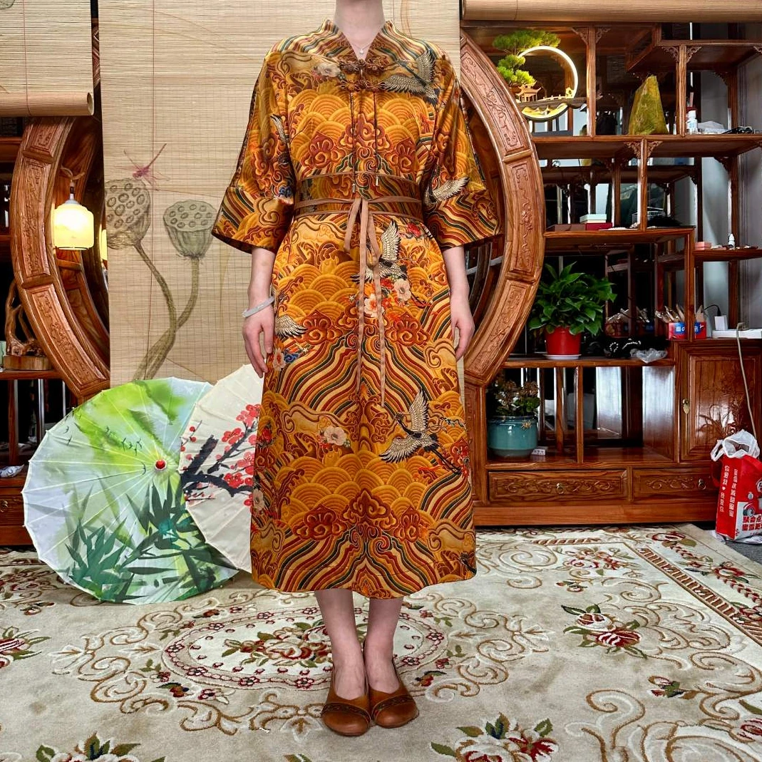 60姆米重缎祥云仙鹤连衣裙100桑蚕丝香云纱面网红气质时尚复古