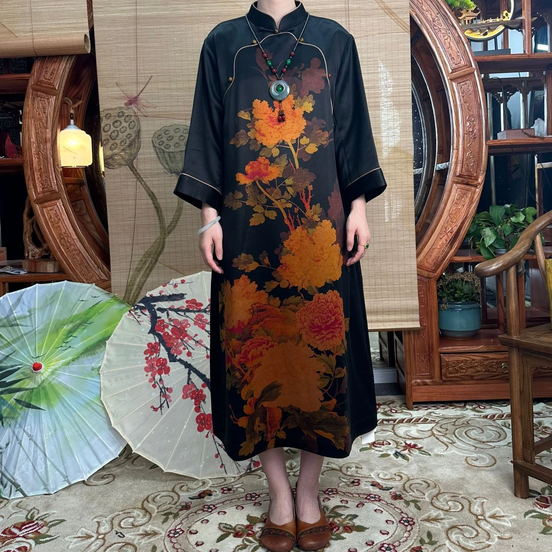 60姆米重缎牡丹花开香云纱袍子美玲襟100桑蚕丝香云纱中国风