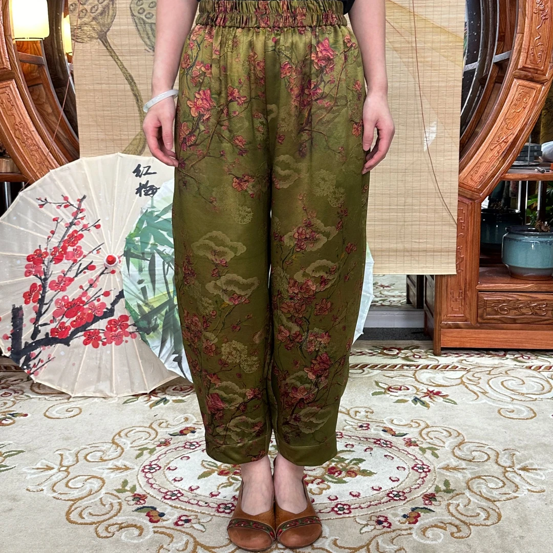 65姆米重缎玉兰花开哈伦裤100桑蚕丝香云纱面料缝制国风中式