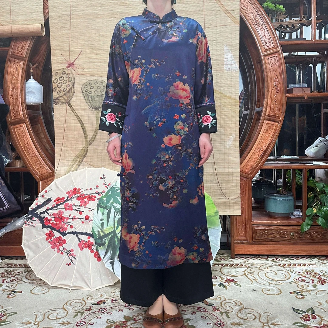 70姆米手工苏绣重缎玉兰花开香云纱袍子100桑蚕丝全开襟新中式