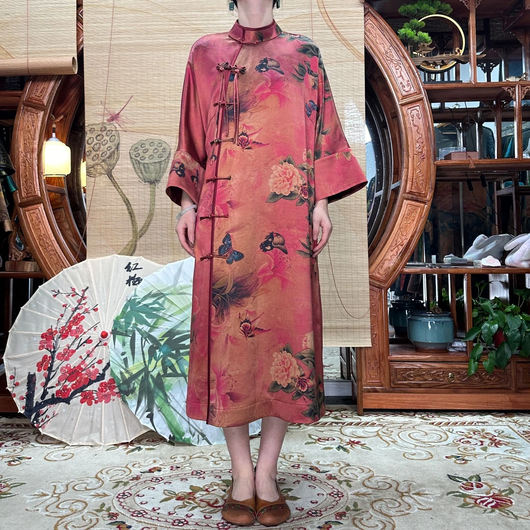 60姆米重缎粉底蝶恋牡丹花开香云纱袍子100桑蚕丝香云纱缝制国风