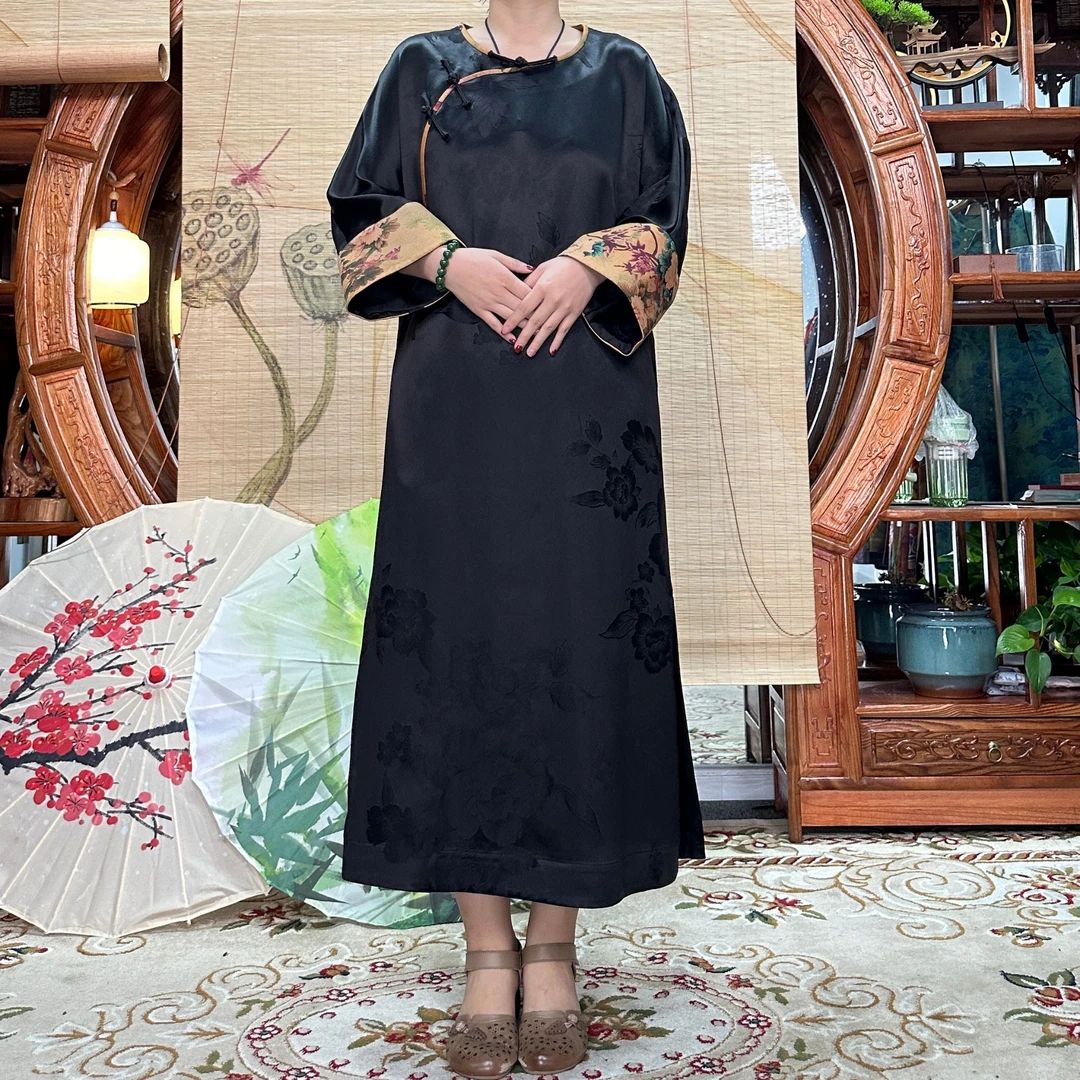 70姆米重缎黑底富贵牡丹香云纱袍子双面提花100桑蚕丝香云纱国风