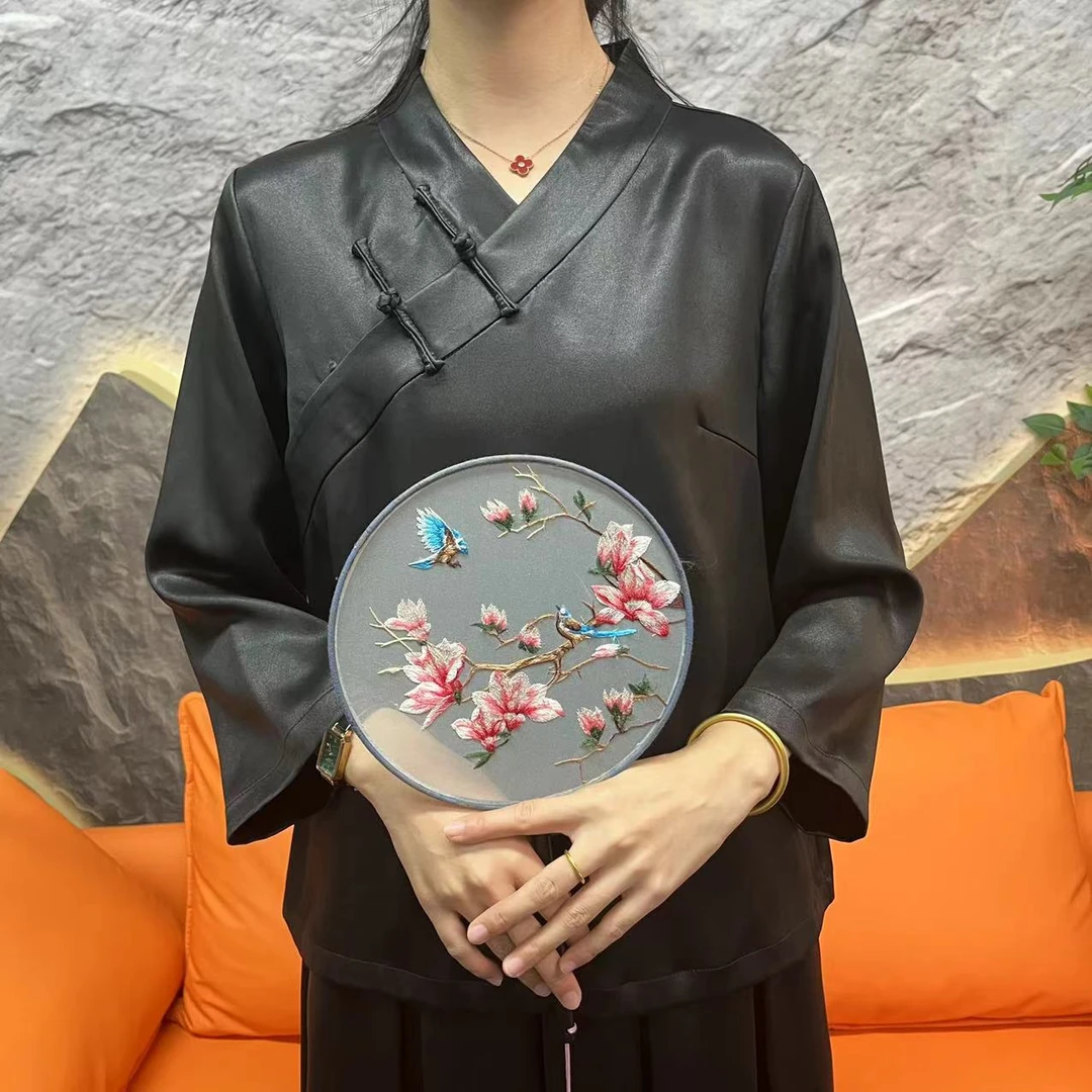 70姆米重缎黑色汉服领小上衣100桑蚕丝香云纱面料缝制中国风