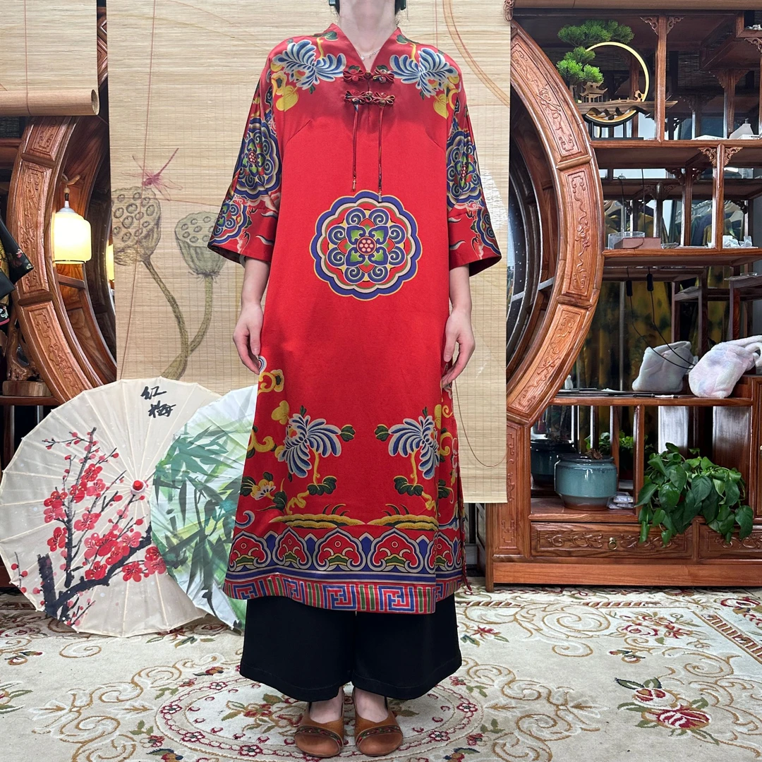 60姆米重缎红底八宝花开香云纱袍子V字领口100桑蚕丝香云纱中式