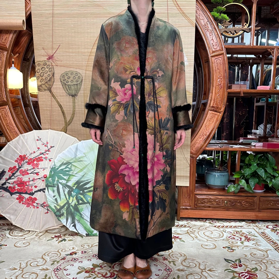 70姆米重缎牡丹花开长款棉服100桑蚕丝香云纱面料填充羊驼绒